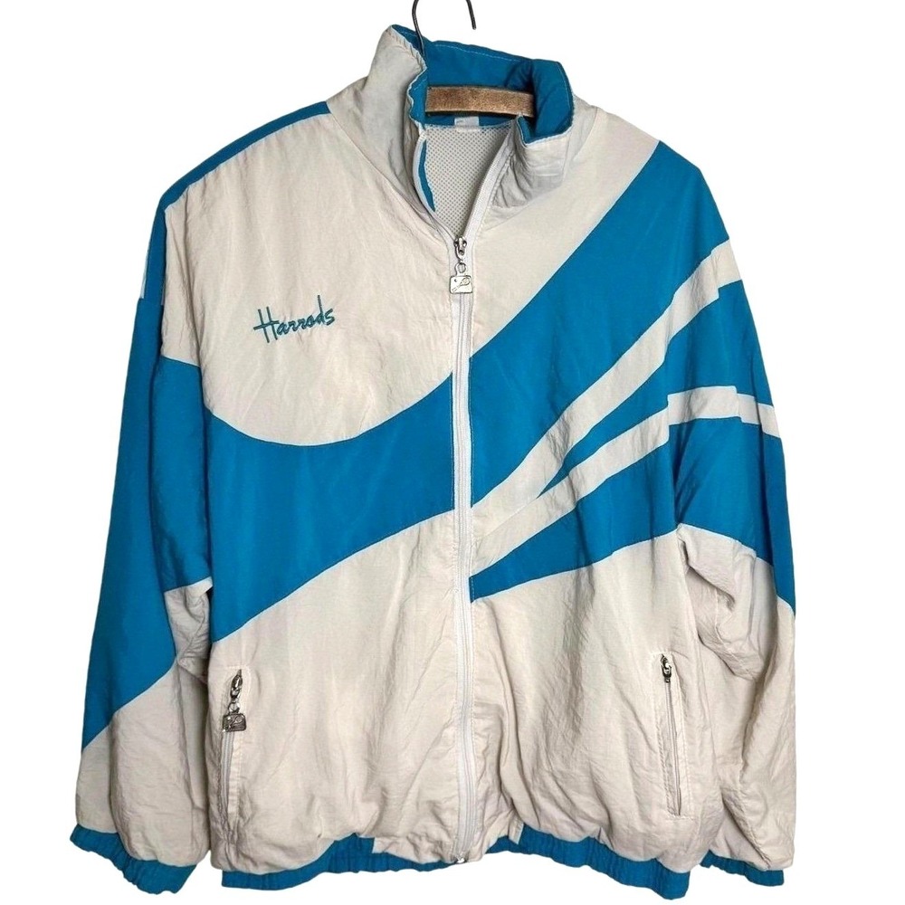 Vintage Harrods Track/Tennis Jacket White Blue Full Zip Lightweight Mens L